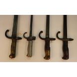 A group of four late 19th century bayonets, comprising an 1866 model Chassepot bayonet, an 1886