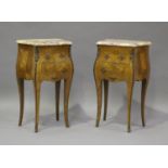 A pair of 20th century French kingwood and gilt metal mounted, marble topped bedside chests, each