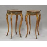 A pair of late 20th century Louis XV style kingwood and parquetry veneered jardinière stands with