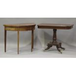 A George III mahogany demi-lune fold-over card table, height 73cm, width 91cm, depth 45cm,