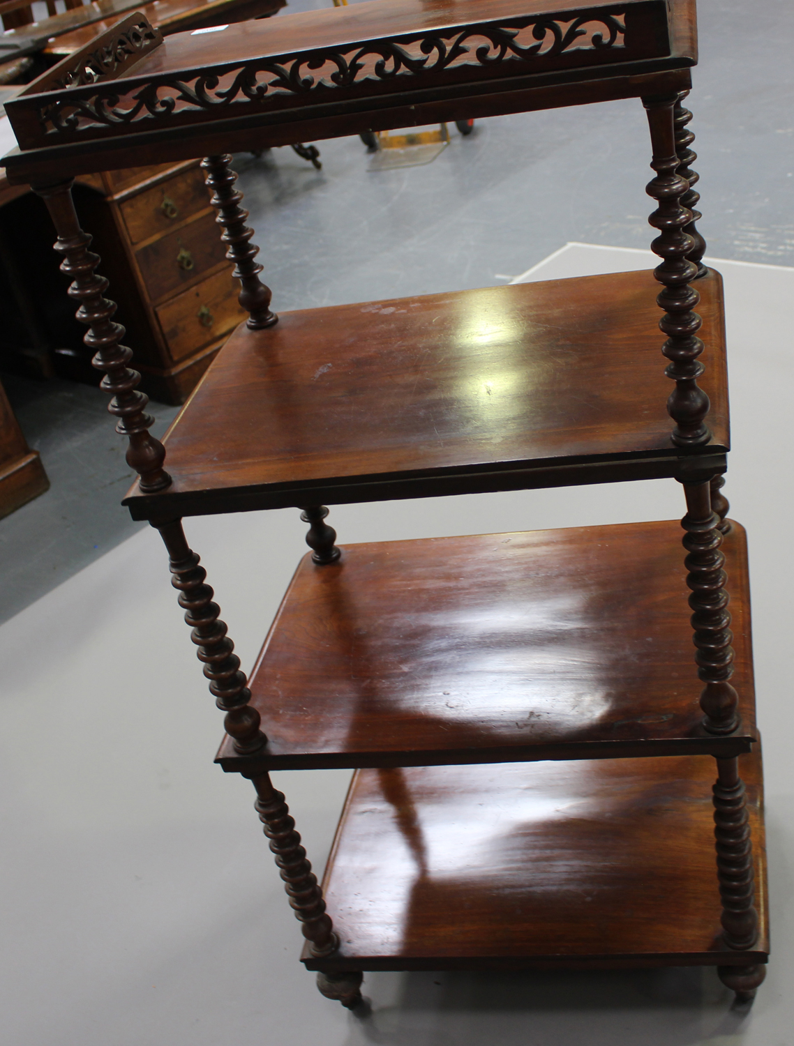 A Victorian mahogany four-tier whatnot with pierced gallery top, raised on bobbin turned supports, - Image 2 of 5