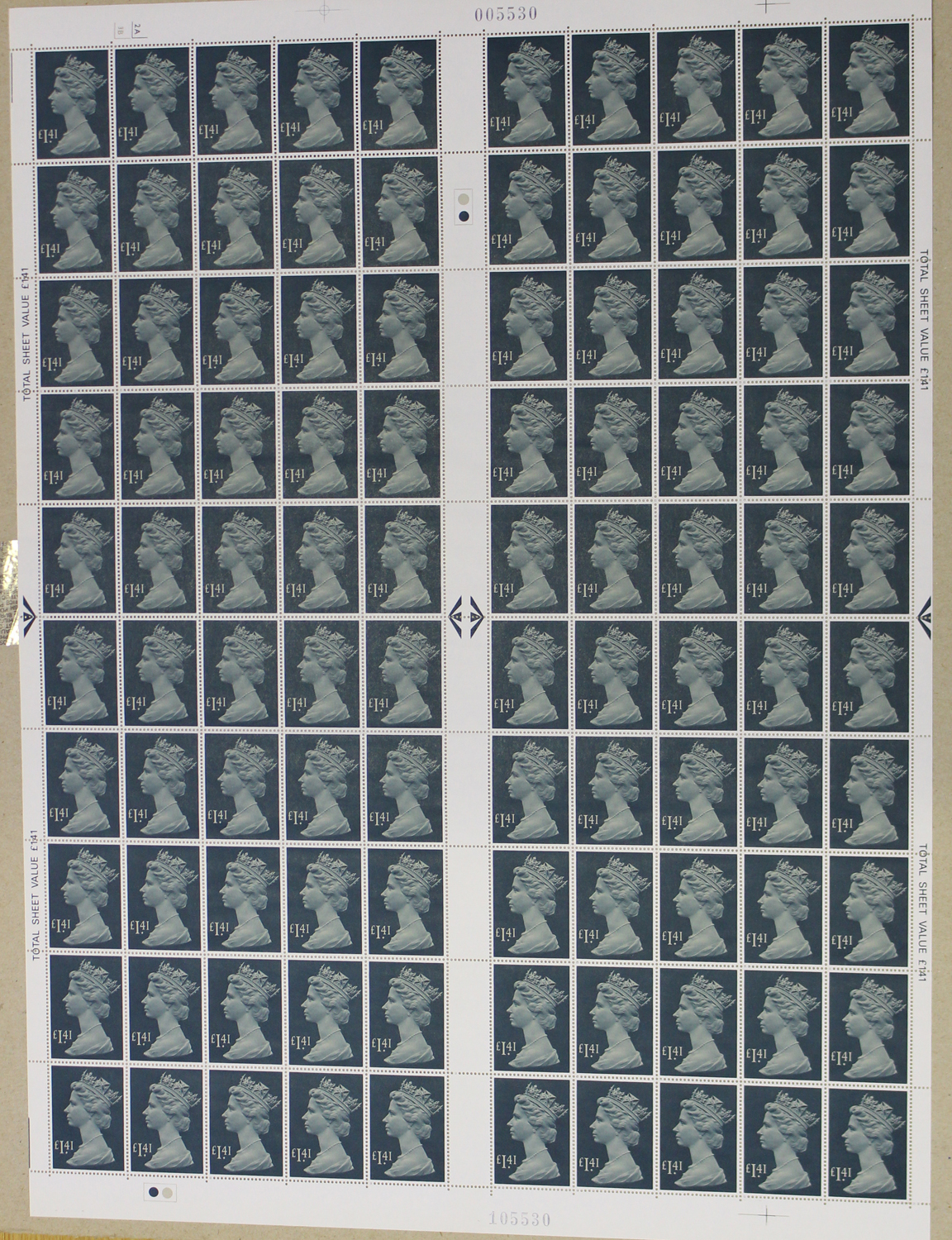 A collection of Great Britain 1980s complete sheets, mint, including 1985 £1.41 definitive (total