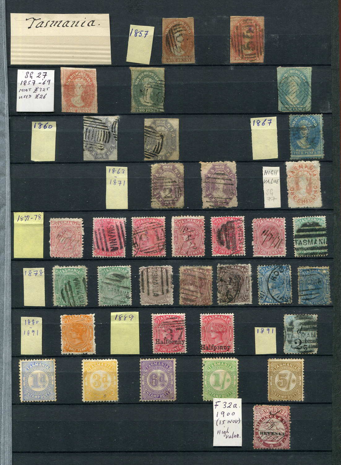 A collection of Australia, Australian States and New Zealand stamps in a stock book with Tasmania