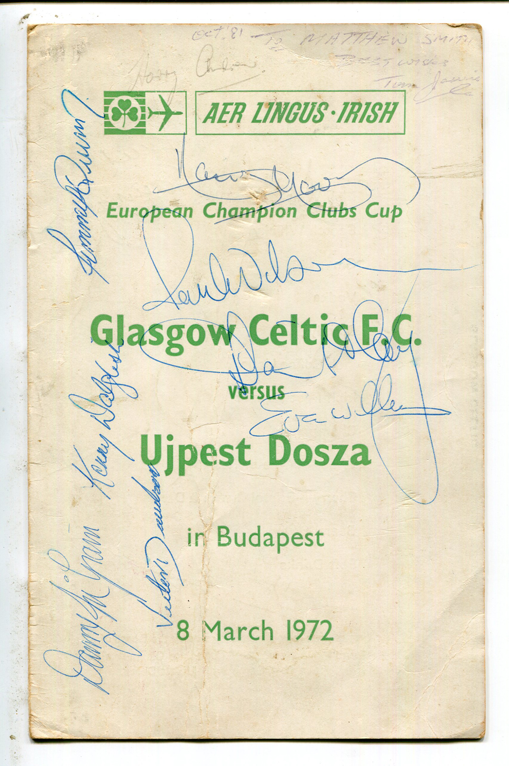 AUTOGRAPHS. An Aer Lingus menu for the European Champion Clubs Cup Quarter Final 1st leg Glasgow