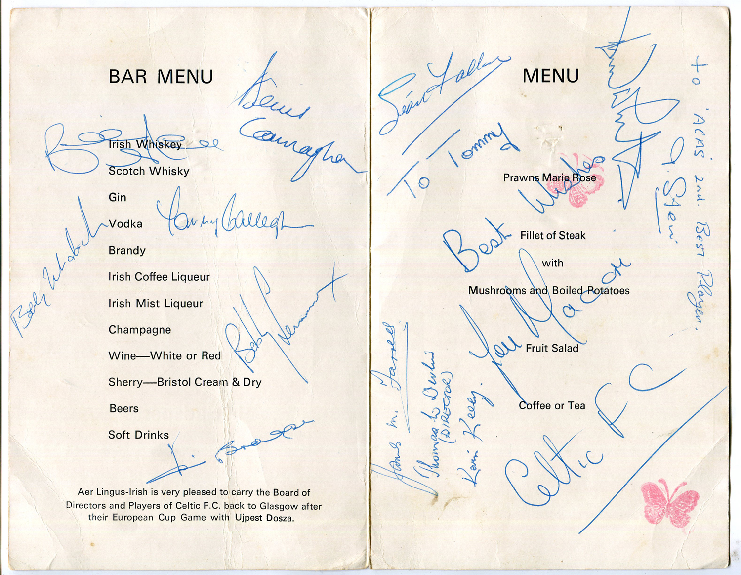 AUTOGRAPHS. An Aer Lingus menu for the European Champion Clubs Cup Quarter Final 1st leg Glasgow - Image 4 of 4