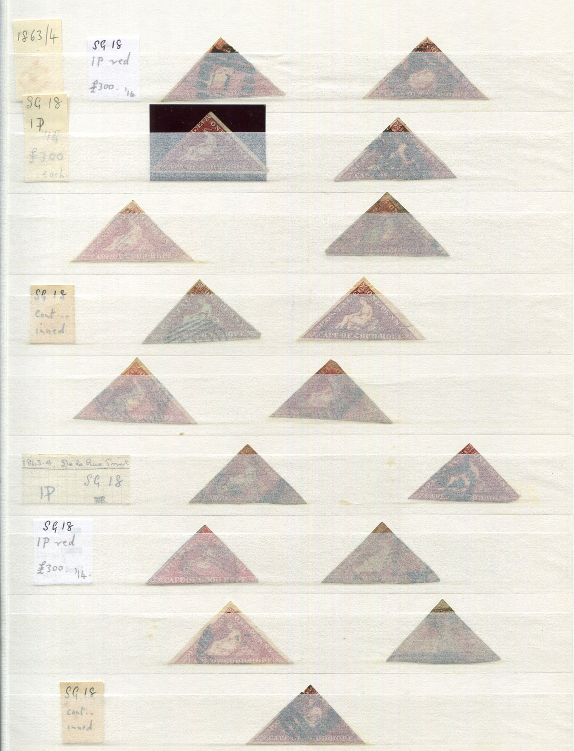 A collection of Cape of Good Hope stamps in a stock book, from 1853 triangulars 1d to 1 shilling