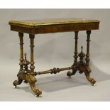 A mid-Victorian burr walnut and Tunbridgeware inlaid fold-over card table, the top with tulipwood