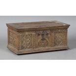 An unusual 18th century Continental oak box, fitted with a three-key lock plate, the interior with