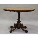 A good mid-Victorian walnut and satinwood crossbanded oval tip-top centre table, the turned and