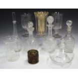 A collection of glassware, including celery vases, various decanters and stoppers, an Archimede
