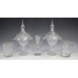 A pair of cut glass sweetmeat or bonbon jars and covers, circa 1900, each cover with flared rim,
