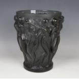 A large Lalique smoky frosted glass Bacchantes pattern vase, post-1945, etched 'Lalique ® France' to