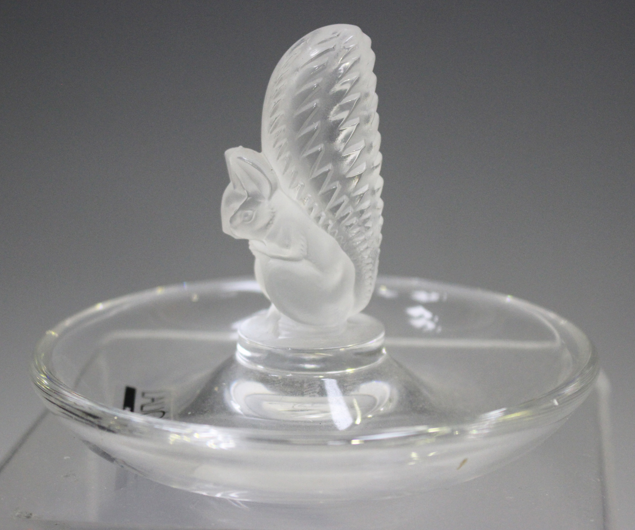 A Lalique frosted and clear glass Squirrel pattern ring dish, post-1945, etched 'Lalique ® France'
