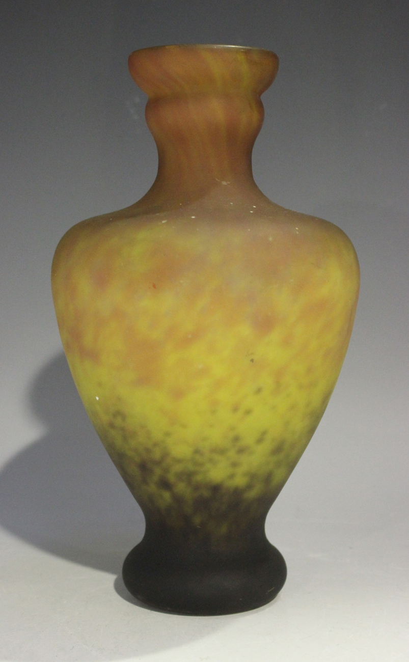 A Muller Frères Lunéville frosted glass vase, early 20th century, decorated in shades of orange,