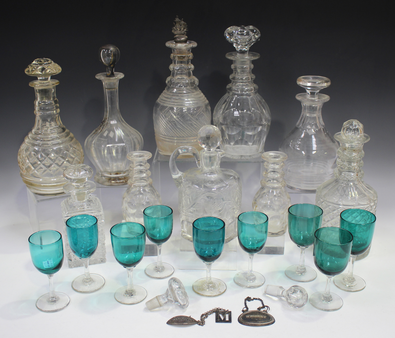 A group of 19th century and later glassware, including a whisky jug, decorated with thistles, height
