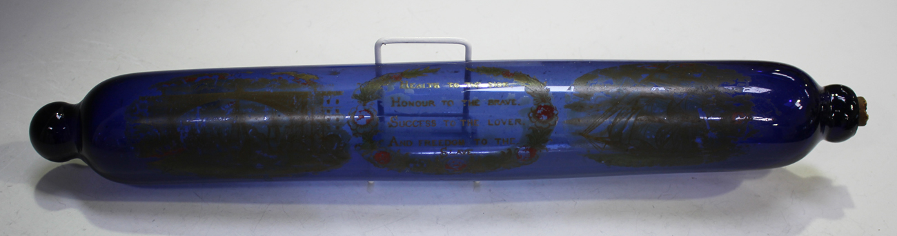 A Bristol blue glass rolling pin, 19th century, decorated with the 'Sunderland Bridge' and a sailing - Image 5 of 5