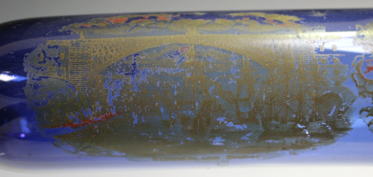 A Bristol blue glass rolling pin, 19th century, decorated with the 'Sunderland Bridge' and a sailing - Image 2 of 5