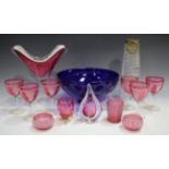 A small group of mostly coloured decorative glassware, including a Flygsfors Coquille vase, circa
