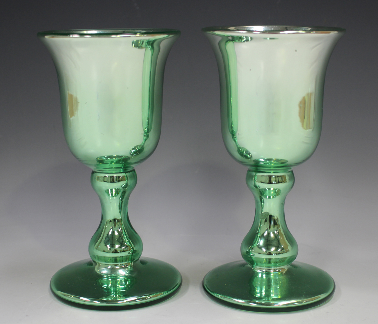 A pair of Hale Thomson silvered Varnish Patent glass goblets, circa 1850, of pale green tint, the