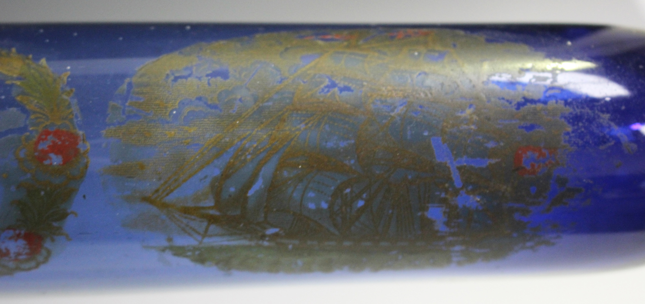 A Bristol blue glass rolling pin, 19th century, decorated with the 'Sunderland Bridge' and a sailing - Image 3 of 5