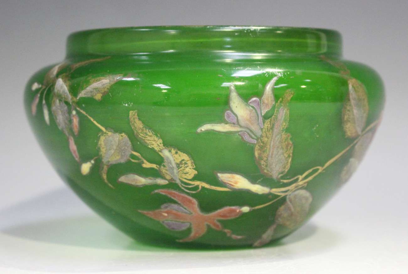 A Cristallerie de Gallé emerald green glass bowl, circa 1900, designed by Emile Gallé, decorated