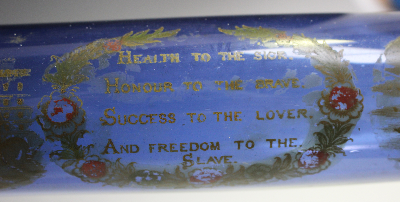 A Bristol blue glass rolling pin, 19th century, decorated with the 'Sunderland Bridge' and a sailing - Image 4 of 5