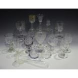 A group of 19th century and later glassware, including a plain stem wine glass with circular fold-