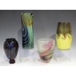 Four pieces of art glass, comprising a Layne Rowe Galaxy series cylindrical vase, etched signature