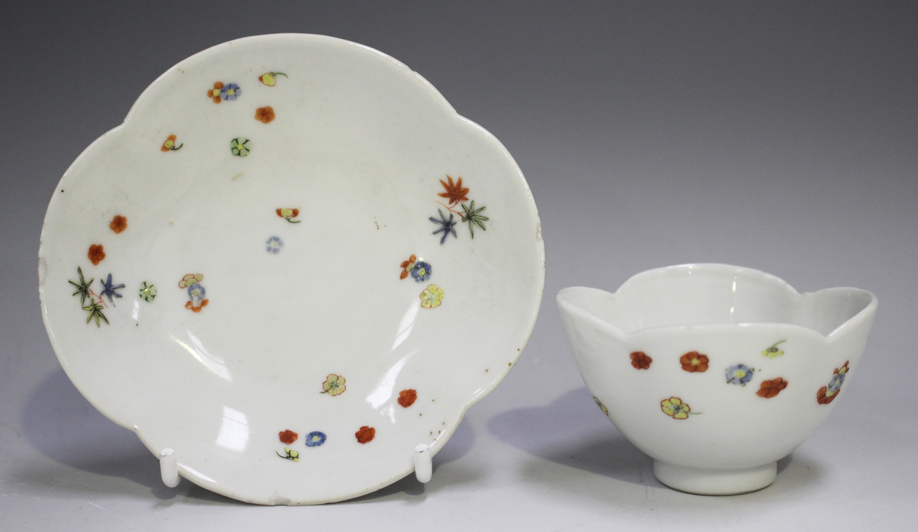 A rare Meissen teabowl and saucer, circa 1730, of quatrelobed shape, enamelled in Kakiemon style