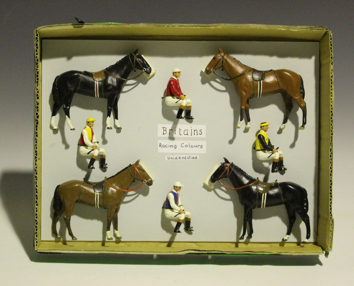 Four repainted Britains Racing Colours of Famous Owners racehorses and jockeys, unidentified,