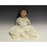 A Bahr & Proschild bisque head doll, impressed 'BP 585 G 11', with brown wig, sleeping brown eyes,