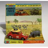 A Corgi Toys No. 256 Volkswagen 1200 in East African safari trim, boxed with diorama and rhino (some