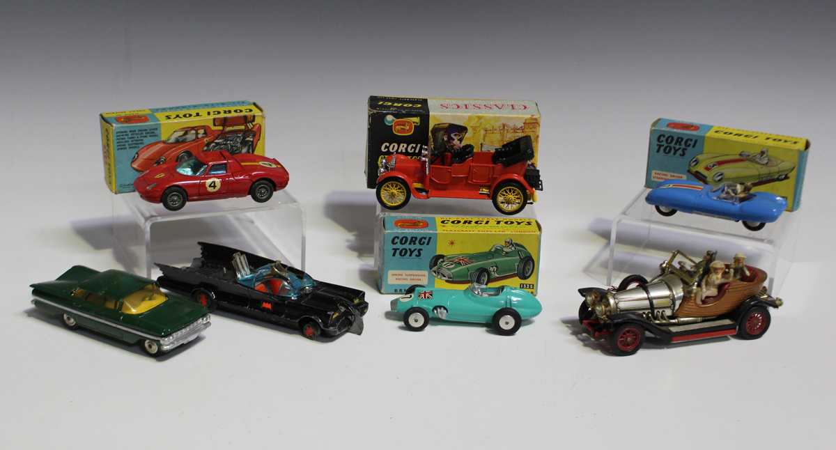 Ten Corgi Toys cars, comprising a No. 258 The Saint's car Volvo P180C, a No. 424 Ford Zephyr estate, - Image 4 of 6