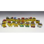 Sixty Matchbox Series Moko Lesney vehicles, including a No. 1 road roller, a No. 11 ERF tanker,