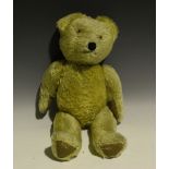 A mid-20th century mohair growler teddy bear with amber and black eyes, stitched snout and jointed