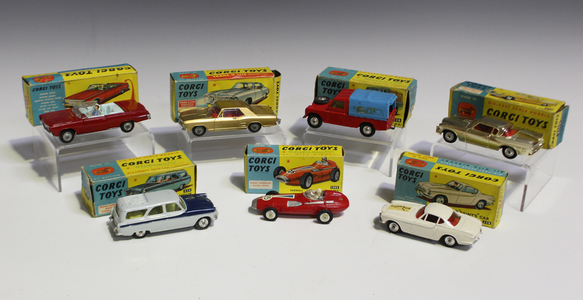 Ten Corgi Toys cars, comprising a No. 258 The Saint's car Volvo P180C, a No. 424 Ford Zephyr estate,