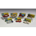 Ten Corgi Toys cars, comprising a No. 258 The Saint's car Volvo P180C, a No. 424 Ford Zephyr estate,