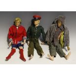 Three Palitoy Action Man figures and a collection of Action Man uniforms, boots, helmets, skis and