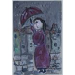 Dora Holzhandler - Lady with an Umbrella in the Rain, oil on board, signed and dated 2009, 22.5cm