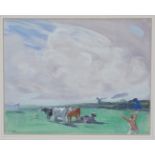Frank Reynolds - Cows on a Cricket Pitch, early 20th century watercolour with gouache, signed with