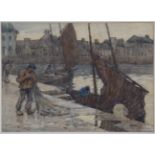 Terrick Williams - Quayside Scene with Fishermen unloading their Catch, probably Concarneau, France,