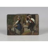 A late 18th/early 19th century papier-mâché snuff box, the lid painted with a lady feeding