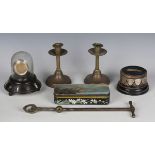 A group of collectors' items, including a Victorian ebonized pocket watch stand, a 'McLean' tartan