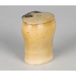 An early 18th century Scottish ivory snuff mull of turned ogee form, the lid with silver foliate