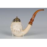 A 19th century meerschaum pipe, the substantial bowl finely carved with a band of deer and trees,