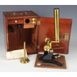 A late 19th century lacquered brass monocular microscope, signed 'S. Maw, Son and Thompson', with