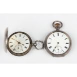 A silver hunting cased keywind gentleman's pocket watch, the unsigned enamelled dial with Roman hour