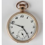 A 9ct gold keyless wind open faced gentleman's pocket watch with unsigned jewelled lever movement,