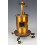 A Griffin of London lacquered brass galvanometer, the cylindrical body raised on three adjustable