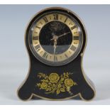 A Jaeger 'Petite Neuchâteloise' black enamelled brass balloon cased alarm clock with signed dial,